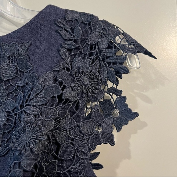 NWT Lela Rose 2 Navy Blue Lace-Embroidered Wool Crepe Sheath Midi Dress $1590 - Picture 3 of 6